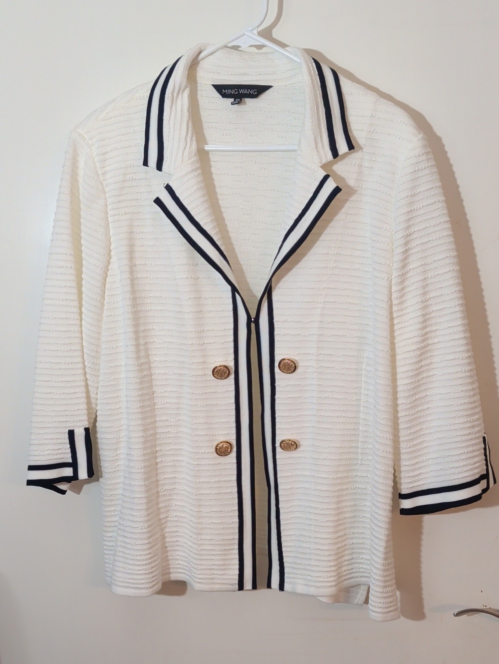 Ming Wang White Textured Blazer with Navy Trim and Gold Buttons